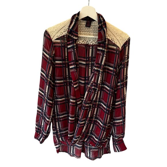 Imaginary Voyage Plaid Lace Drape Front Blouse Red Sheer M Western Cottage - Picture 1 of 8